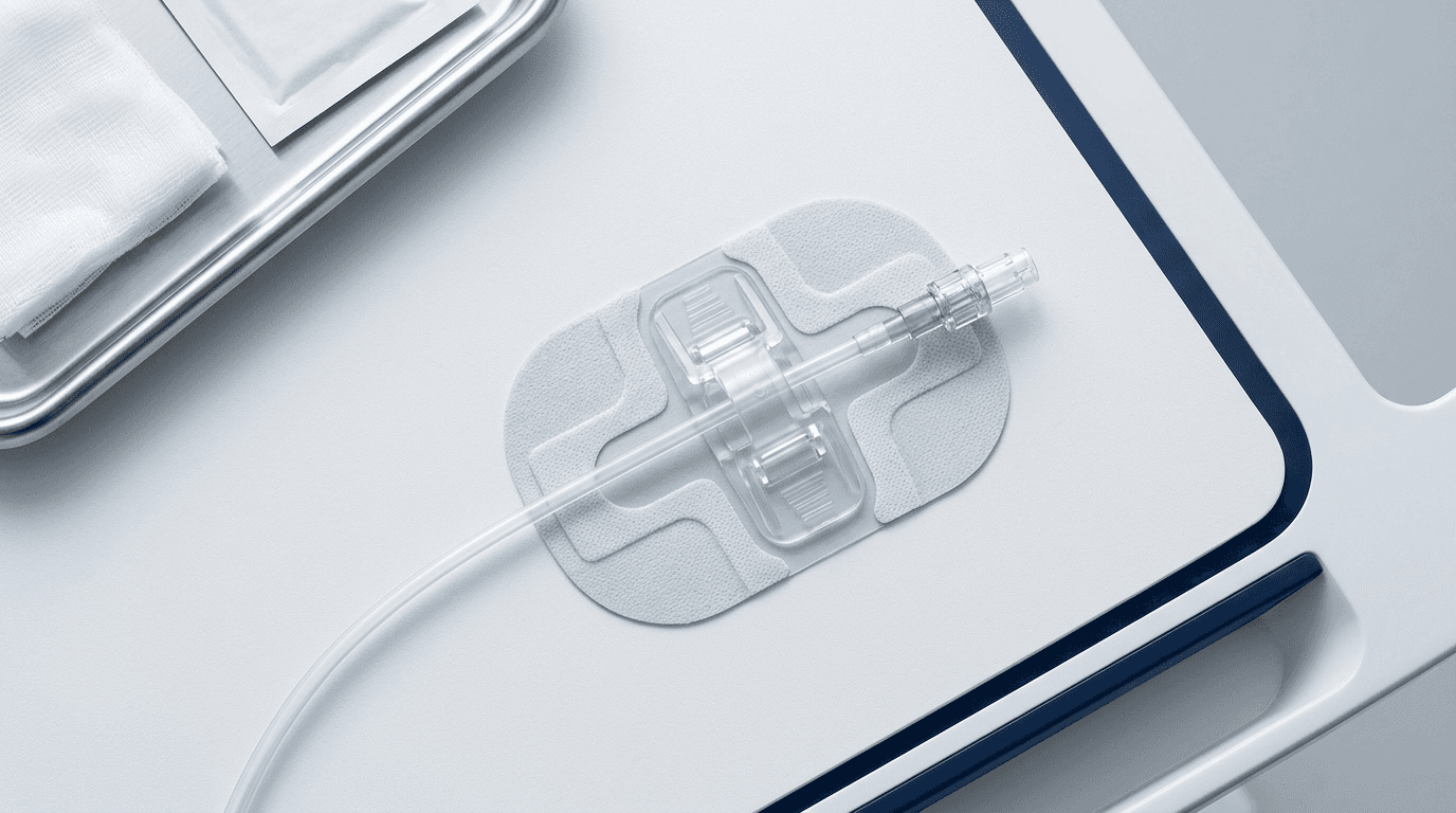 Sterile single-use medical catheter securement device with hypoallergenic adhesive pad and mechanical retainer clip securing an intravenous catheter on a clinical workstation.