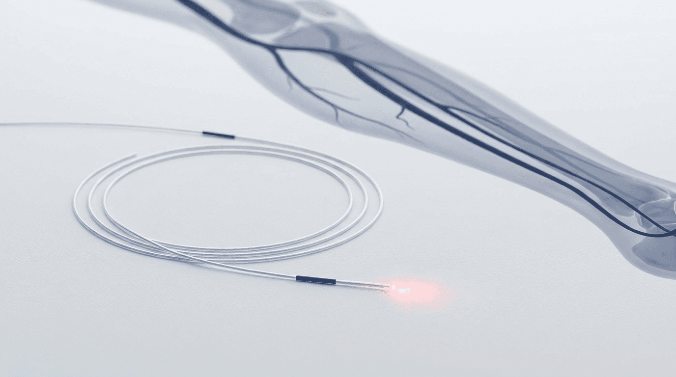 Minimally-invasive endovenous laser ablation of a varicose vein: a single-use radial laser fiber and introducer sheath threaded into a leg vein under ultrasound guidance, illustrating the shift from open surgery to light-based treatment.