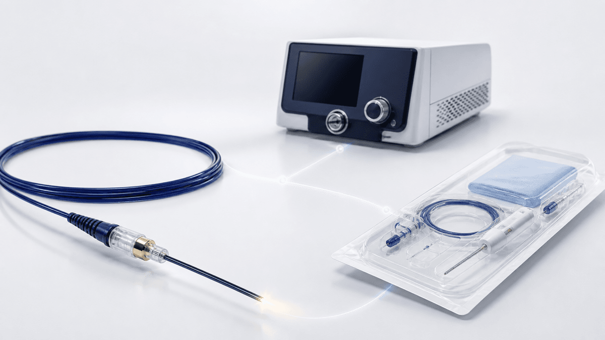A sterile single-use endovenous laser fiber, a diode laser generator, and a procedure kit shown as separate regulated objects for distributor verification.