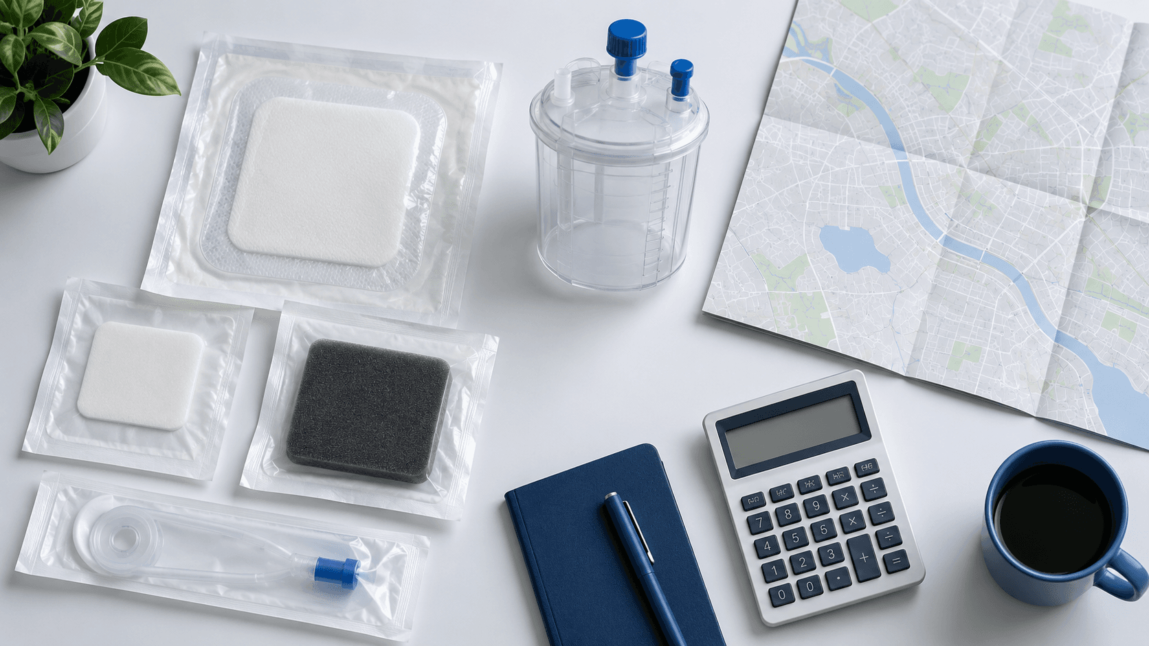 Sealed wound-care supplies, a calculator and a folded map representing geographic fee comparisons