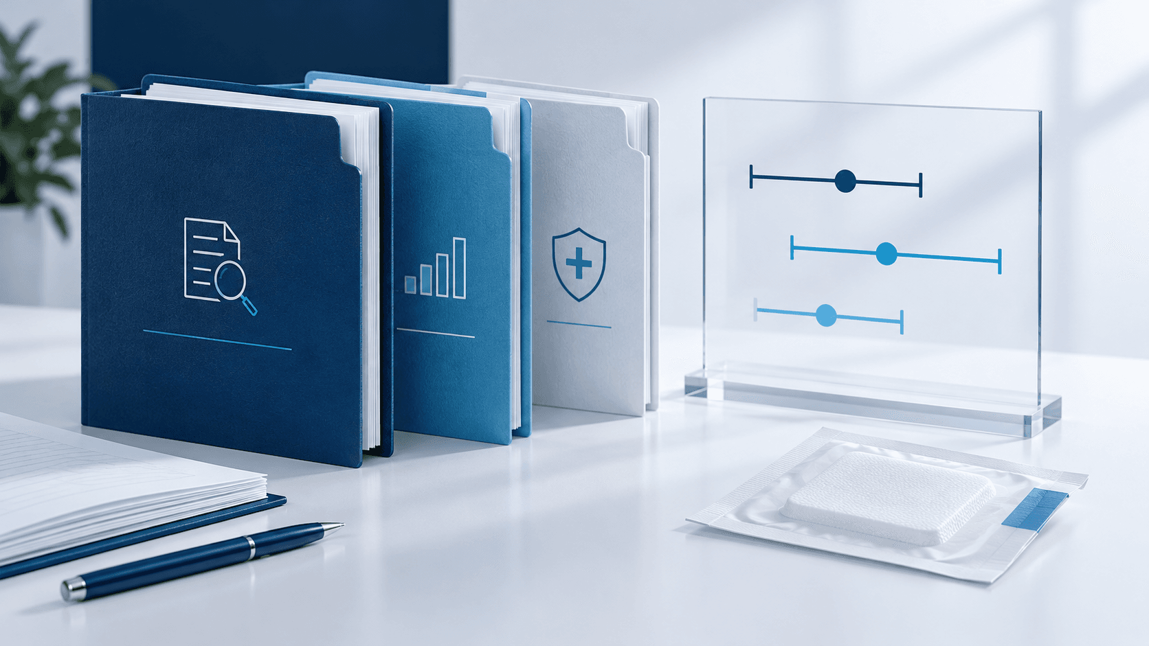 Abstract medical procurement evidence folders and a restrained statistical interval motif.