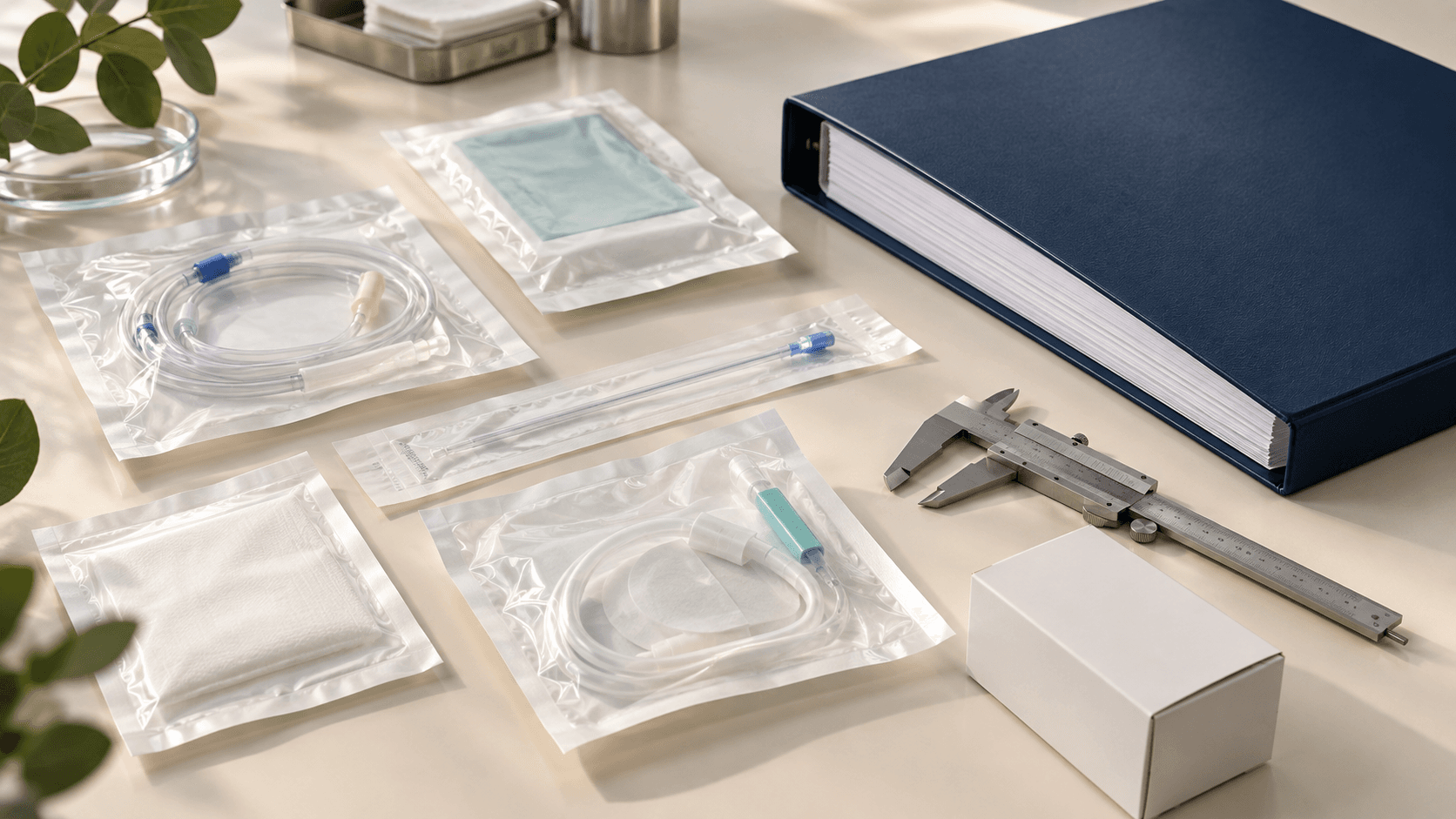 Sealed unbranded medical consumable pouches beside a technical dossier and measuring tool.