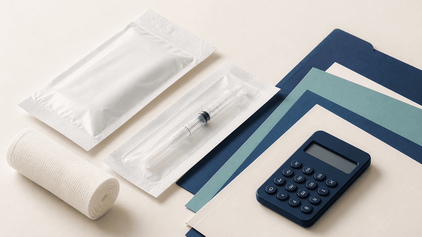 Sealed injection and wound-care supplies beside a calculator, illustrating consumable quotation comparisons.