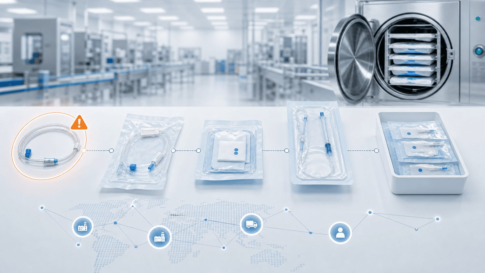 Sterile medical-device pouches moving through a supplier, packaging and sterilization evidence chain, with one upstream component flagged for audit.