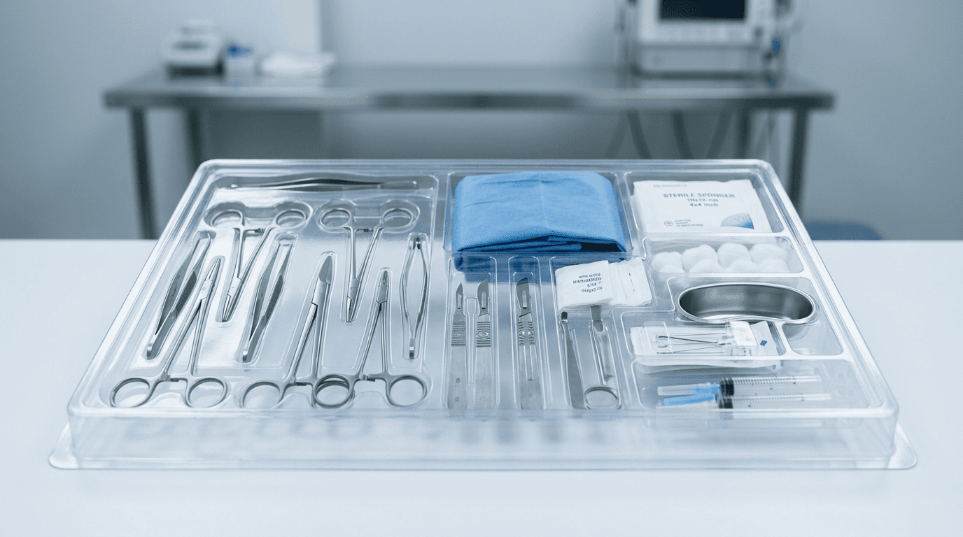 Sterile procedure kit tray with surgical instruments, sterile drape, and packaged single-use consumables arranged in compartments