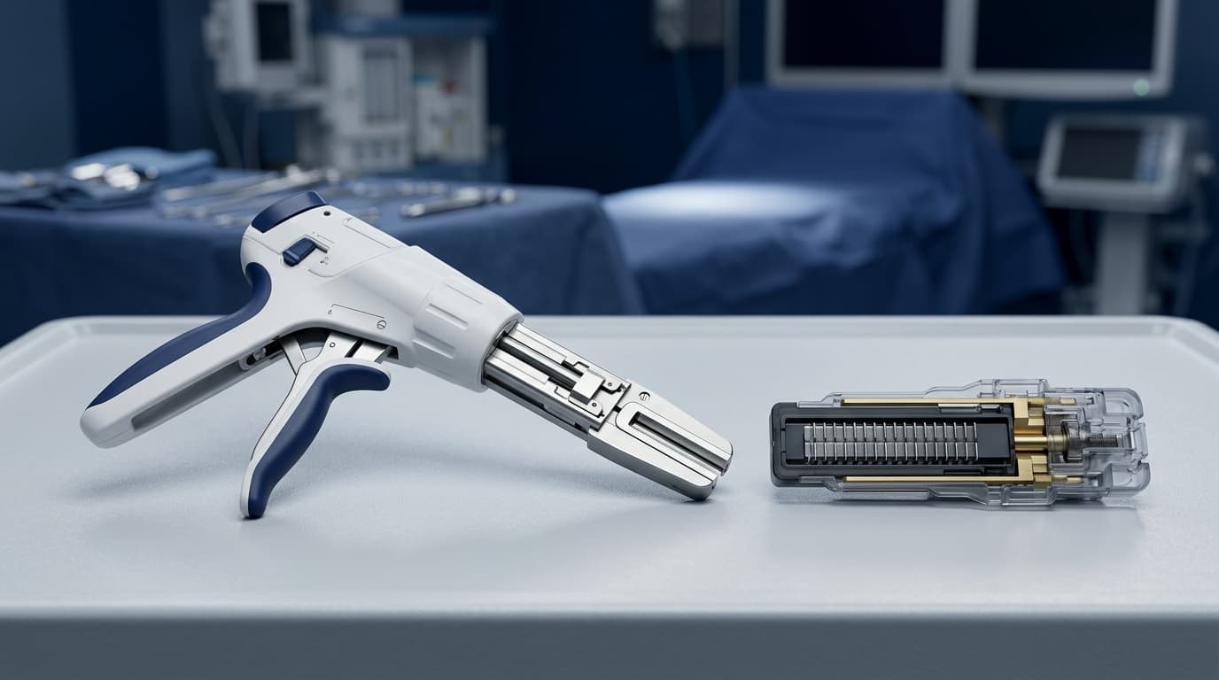 Sterile disposable surgical stapler and cartridge reload laid out on a clinical workstation surface.