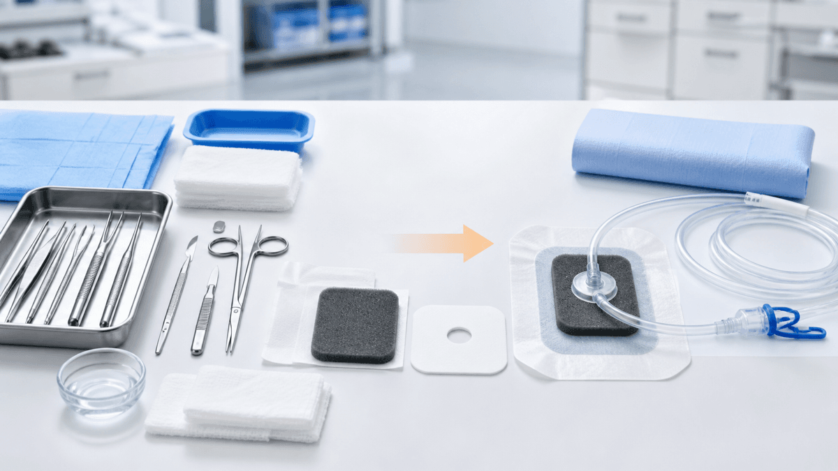 Debridement instruments and wound dressings arranged before a negative-pressure wound therapy dressing and tubing set.